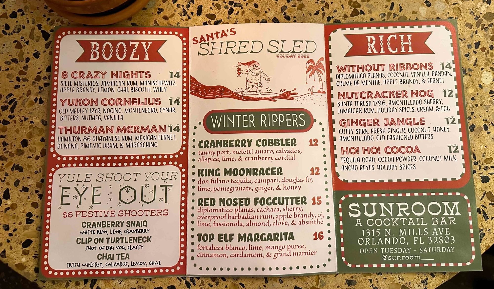 sunroom christmas menu
